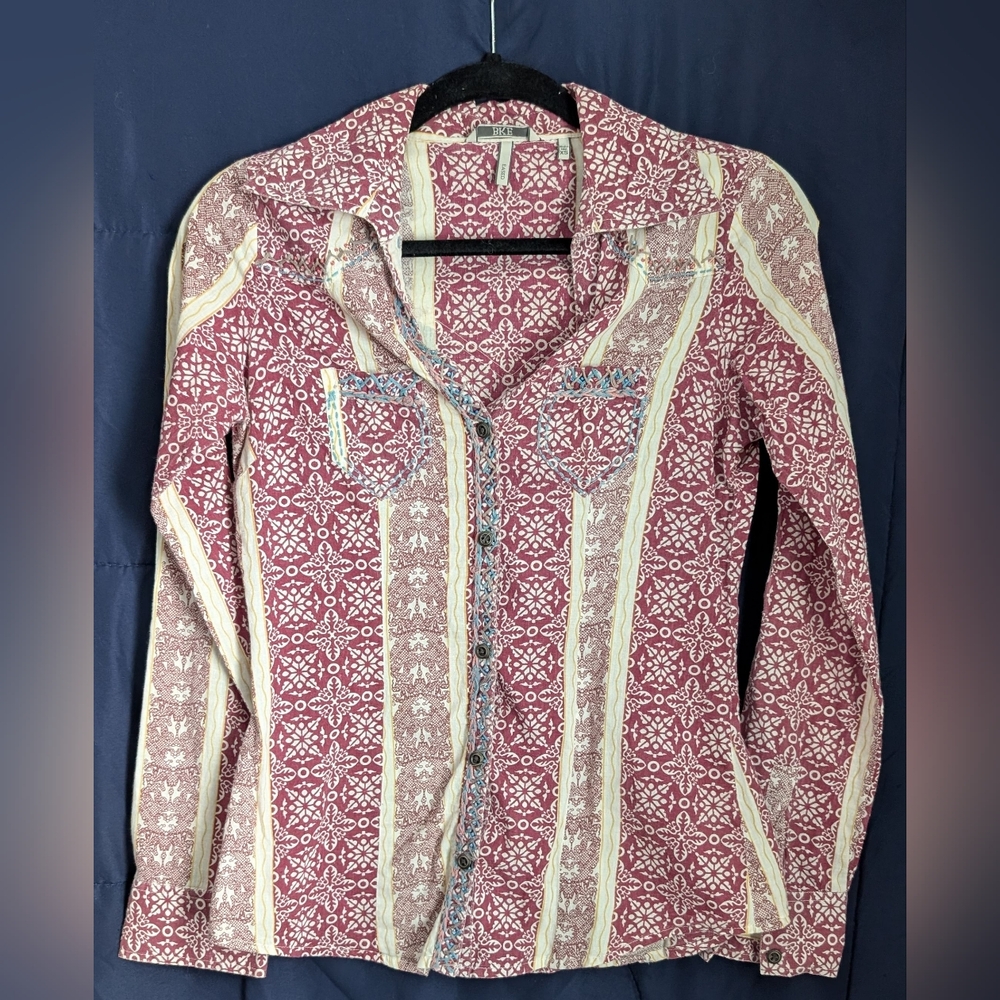 BKE Burgundy and Cream Patterned Button-Down Shirt